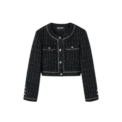 Via Pitti Jacquard Metal Button Tweed Jacket Black