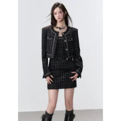 Via Pitti Jacquard Metal Button Tweed Jacket Black