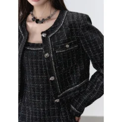 Via Pitti Jacquard Metal Button Tweed Jacket Black