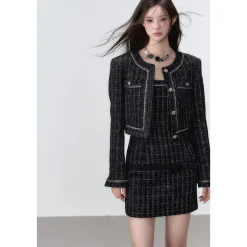 Via Pitti Jacquard Metal Button Tweed Jacket Black