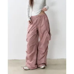 Via Pitti Mesh Big Pocket Casual Cargo Pants Pink