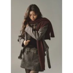 Via Pitti Metal Decor Belt Quilted Leather Skirt Grey