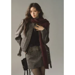 Via Pitti Metal Decor Belt Quilted Leather Skirt Grey