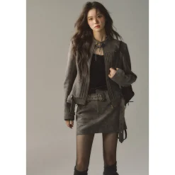 Via Pitti Metal Decor Belt Quilted Leather Skirt Grey