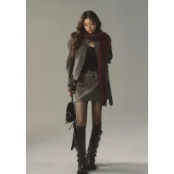 Via Pitti Metal Decor Belt Quilted Leather Skirt Grey