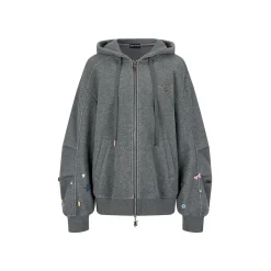Via Pitti Multi-Color Button Patch Zip Up Hoodie Gray