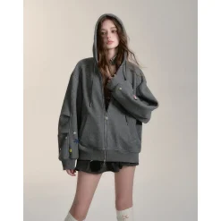 Via Pitti Multi-Color Button Patch Zip Up Hoodie Gray