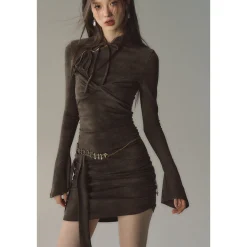 Via Pitti New Chinese String Slim-Fit Dress Brown