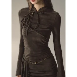 Via Pitti New Chinese String Slim-Fit Dress Brown