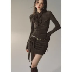 Via Pitti New Chinese String Slim-Fit Dress Brown