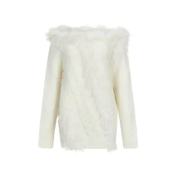 Via Pitti Off Shoulder Fur Integrated Knit Sweater White