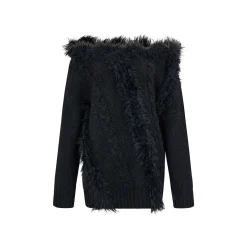 Via Pitti Off Shoulder Fur Integrated Knit Sweater Black