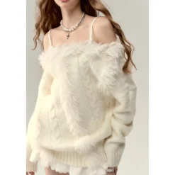 Via Pitti Off Shoulder Fur Integrated Knit Sweater White