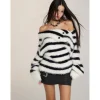 Via Pitti Patchwork Striped Off-Shoulder Sweater Black White