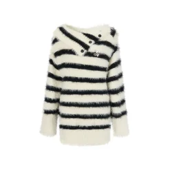 Via Pitti Patchwork Striped Off-Shoulder Sweater Black White