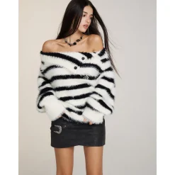 Via Pitti Patchwork Striped Off-Shoulder Sweater Black White