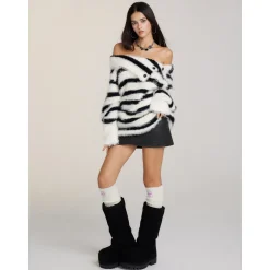 Via Pitti Patchwork Striped Off-Shoulder Sweater Black White