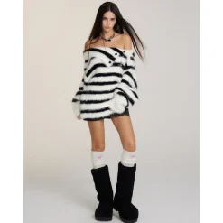Via Pitti Patchwork Striped Off-Shoulder Sweater Black White
