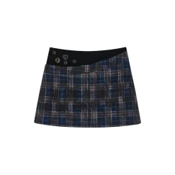 Via Pitti Plaid Patchwork Button Tweed Skirt Black