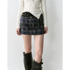Via Pitti Plaid Patchwork Button Tweed Skirt Black