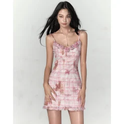 Via Pitti Plaid Rose Slip Vest Dress Pink