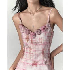Via Pitti Plaid Rose Slip Vest Dress Pink