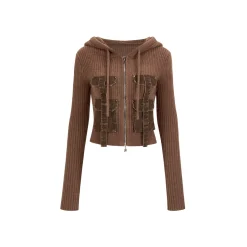 Via Pitti Pocket Patchwork Knit Zipper Cardigan Brown