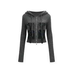 Via Pitti Pocket Patchwork Knit Zipper Cardigan Grey