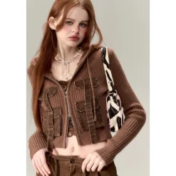 Via Pitti Pocket Patchwork Knit Zipper Cardigan Brown