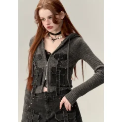 Via Pitti Pocket Patchwork Knit Zipper Cardigan Grey