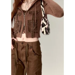 Via Pitti Pocket Patchwork Knit Zipper Cardigan Brown