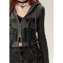 Via Pitti Pocket Patchwork Knit Zipper Cardigan Grey