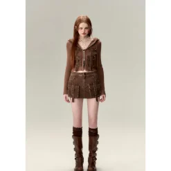 Via Pitti Pocket Patchwork Knit Zipper Cardigan Brown