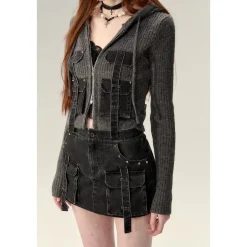 Via Pitti Pocket Patchwork Knit Zipper Cardigan Grey