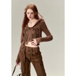 Via Pitti Pocket Patchwork Knit Zipper Cardigan Brown
