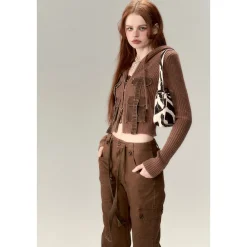 Via Pitti Pocket Patchwork Knit Zipper Cardigan Brown