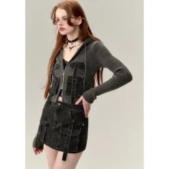 Via Pitti Pocket Patchwork Knit Zipper Cardigan Grey