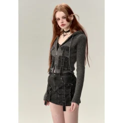 Via Pitti Pocket Patchwork Knit Zipper Cardigan Grey