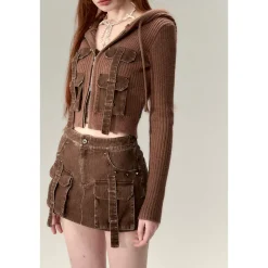 Via Pitti Pocket Patchwork Knit Zipper Cardigan Brown