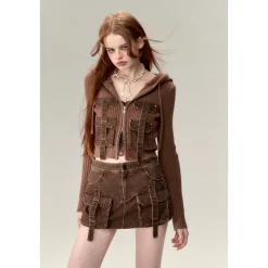 Via Pitti Pocket Patchwork Knit Zipper Cardigan Brown