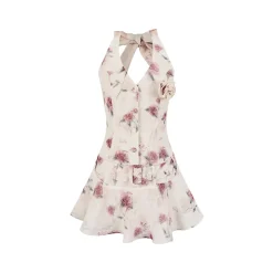 Via Pitti Printed Rose Floral Belt Dress Beige