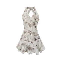 Via Pitti Printed Rose Floral Belt Dress Light Green