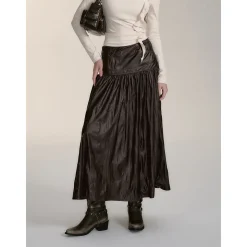 Via Pitti Rivet PU Leather Pleated Long Skirt Brown