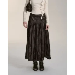 Via Pitti Rivet PU Leather Pleated Long Skirt Brown