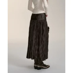 Via Pitti Rivet PU Leather Pleated Long Skirt Brown
