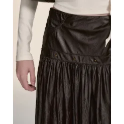 Via Pitti Rivet PU Leather Pleated Long Skirt Brown