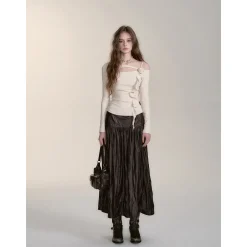 Via Pitti Rivet PU Leather Pleated Long Skirt Brown