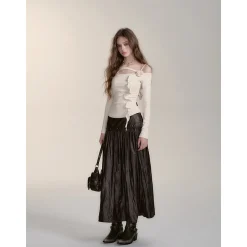 Via Pitti Rivet PU Leather Pleated Long Skirt Brown