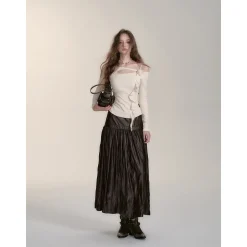 Via Pitti Rivet PU Leather Pleated Long Skirt Brown