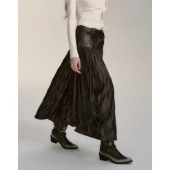 Via Pitti Rivet PU Leather Pleated Long Skirt Brown